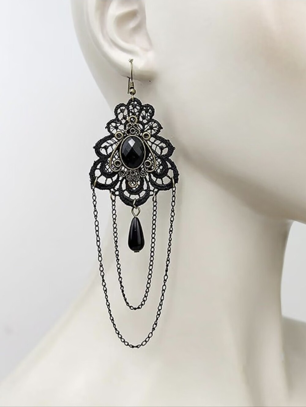 Black Lace Filigree Dangle Earrings with Antique Gold Accents - Picture 3 of 6